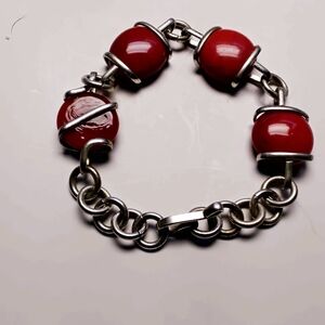 Red Glass and 925 Silver Women's Link Bracelet